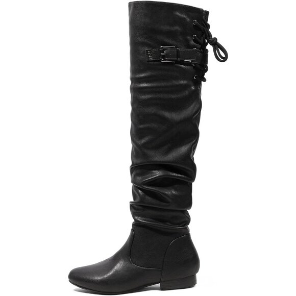 Women's Black/Pu Suede Over The Knee Thigh High Winter Low Heel Western Boots - Picture 2 of 5